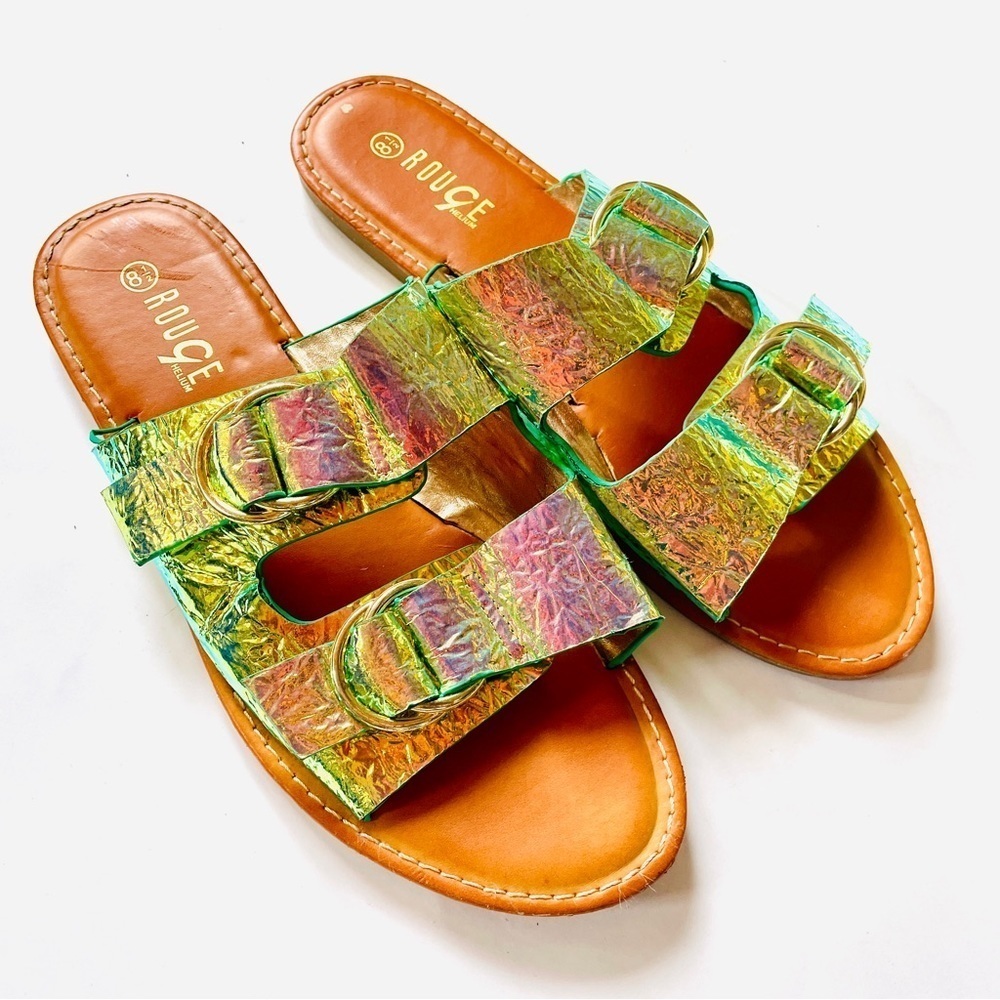 Rouge! Iridescent Two Buckle Slides Sandals 8.5 Extra Celestial